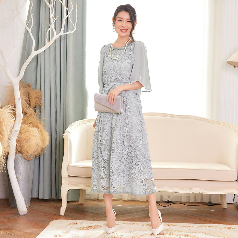 Kvinders festkjole i chiffon med patchwork-blonder og midikjole - perfekt til fester og særlige lejligheder: S / Beige