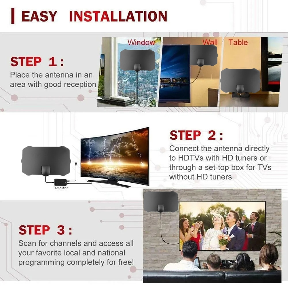 Kebidu 4K 8K Indoor High Gain HD TV DTV Box Digital Antena TV Aerial Amplified 25/50/80/200Miles Booster Active Aerial