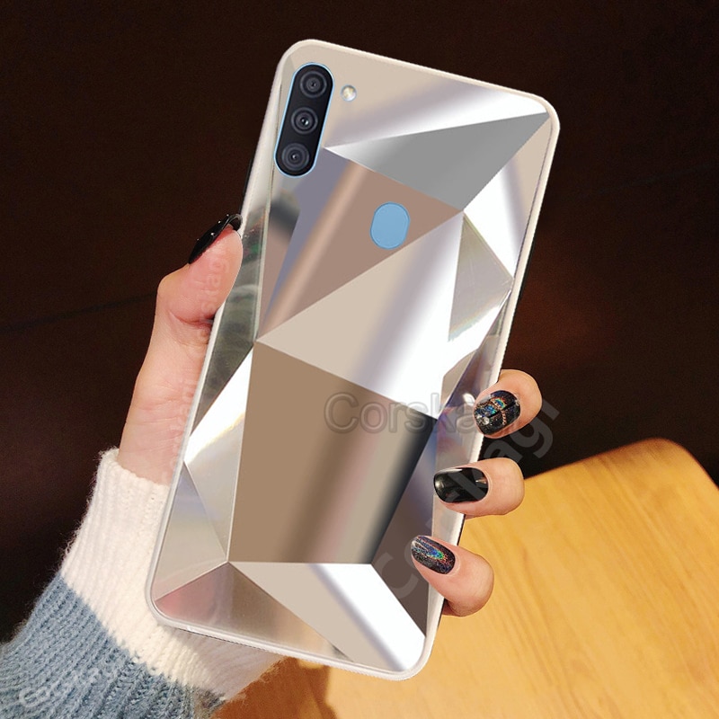 A11 caso de diamante glitter para samsung galaxy a11 moda brilhante espelho triângulo losango capa: Silver