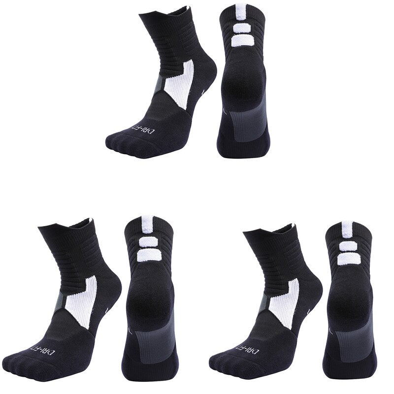 3 par/lote calcetines profesionales de baloncesto de las mujeres de los hombres de la toalla de fondo deportes calcetines algodón transpirable desodorante media pantorrilla calcetines de tubo: Black / EUR 43-47