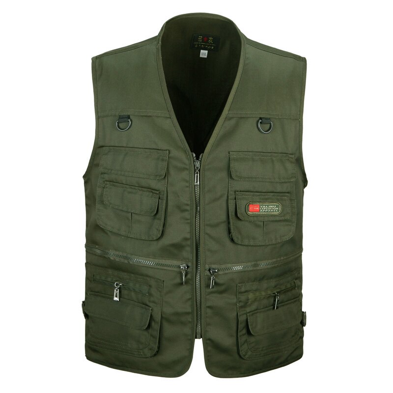 Chaleco de algodón multibolsillo para hombre, novedad de verano, chaqueta sin mangas delgada informal para hombre con muchos bolsillos, chaleco holgado para fotógrafo para hombre: Army Green Vest / XL
