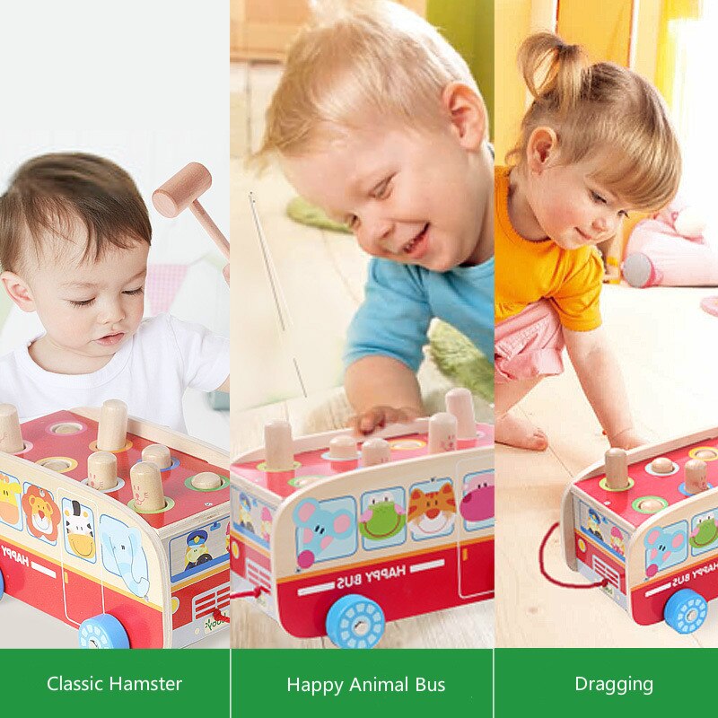 Wooden Baby Beat Toys With Hammer Early Learning Educational Toys Instrument Sound Maker Dragging Toy