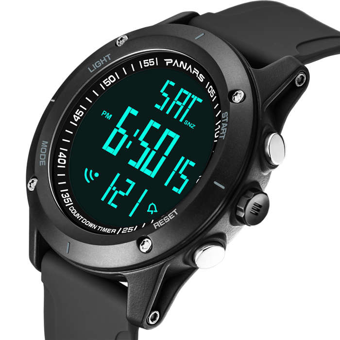 PANARS-montre-bracelet résistante à la plongée pour hommes, numérique, montre de Fitness, grands nombres à double temps, rétro-éclairage LED: black