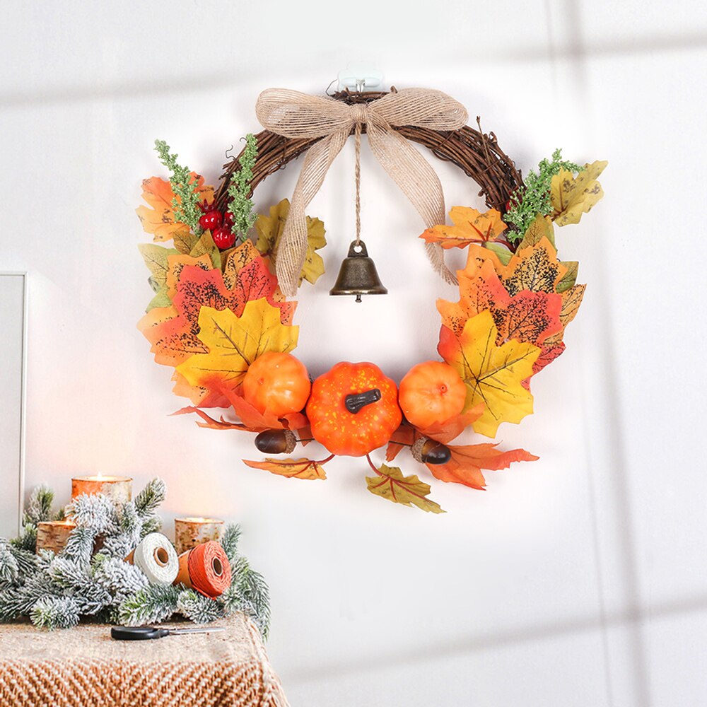 Kunstmatige Bladeren Krans Herfst Pompoen Berry Maple Leaf Bell Fall Deur Muur Krans Ornament Krans Halloween Party Decor