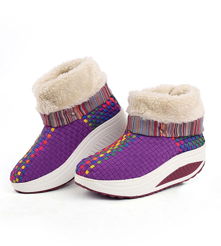 SWYIVY Women Toning Shoes Winter Warm Velvet Hand-woven Swing Shoes Chinese Style Platform Soft Slimming Shoes For Females: Purple  / 38