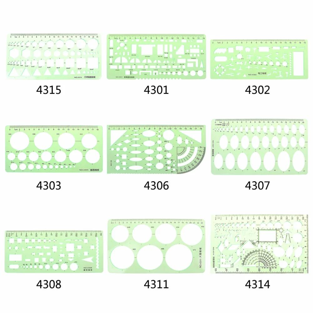 18 Styles rulers Green Plastic Circles Geometric Template Ruler Stencil Measuring Tool Stationery Students Drawing Ruler