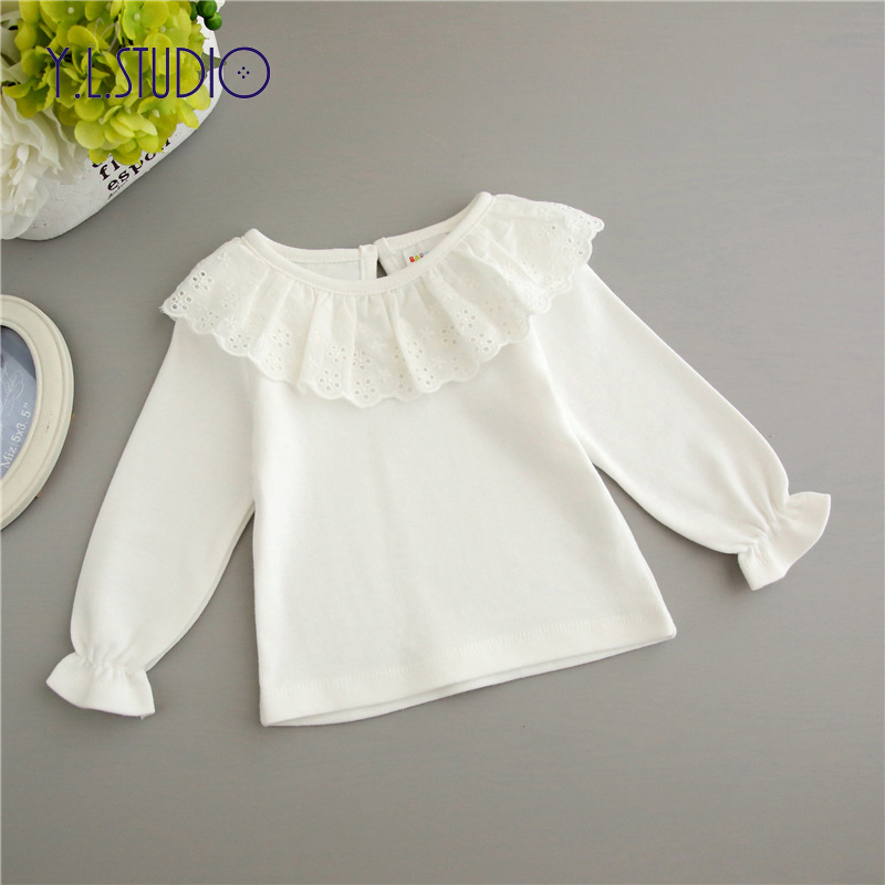 Baby Meisje T-shirt Lange Mouw Puur Katoen Herfst Lente Wit Kanten Kraag Tees Top Leuke Voor Peuter Meisjes Ruche T-shirts kleding