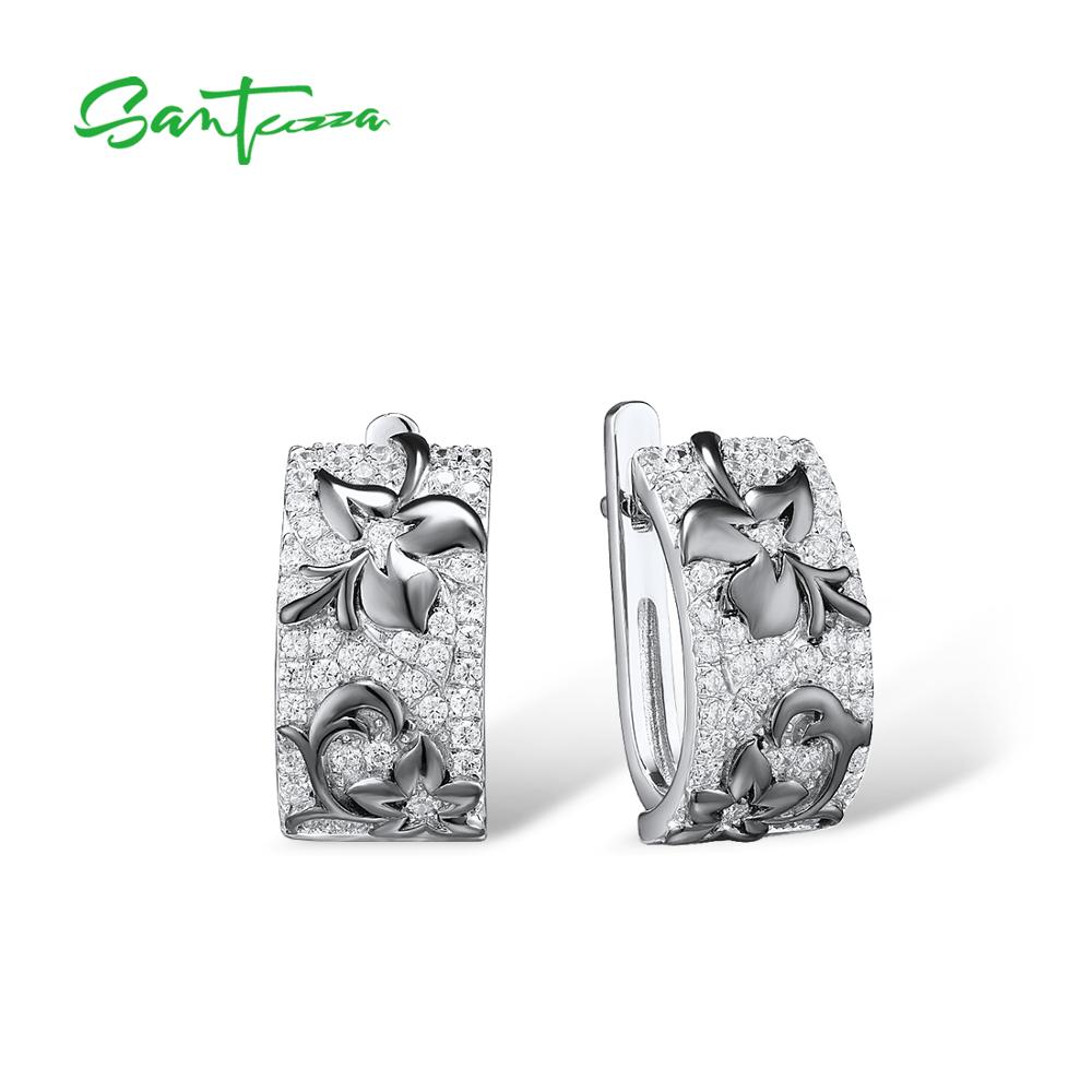SANTUZZA-Conjunto de joyería para mujer, Plata de Ley 925 brillante, Circonia cúbica blanca, flores negras, conjunto de anillo y pendientes, joyería fina