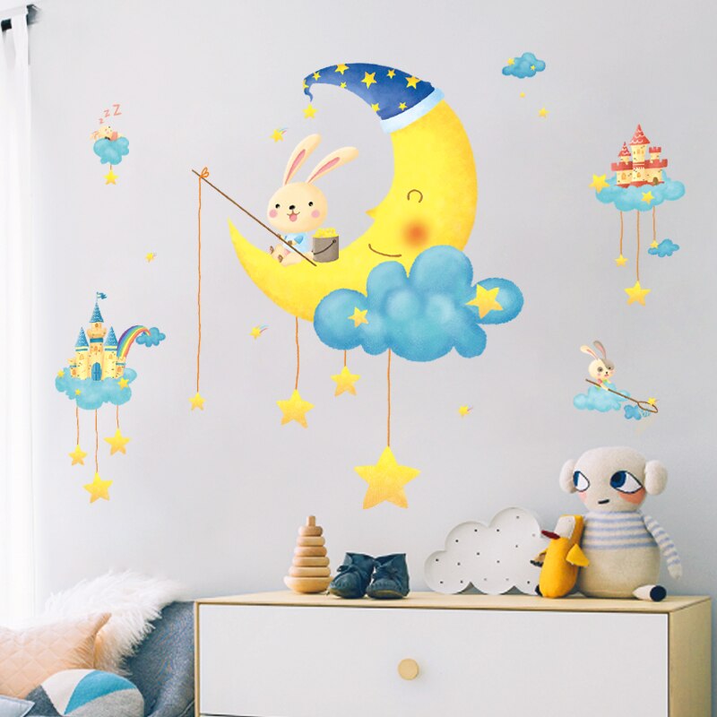 Muurstickers met een cartoon maan en konijn voor kinderkamers, babykamer, kinderkamerdecoratie, zelfklevende vinyl muurstickers, huisdecoratie