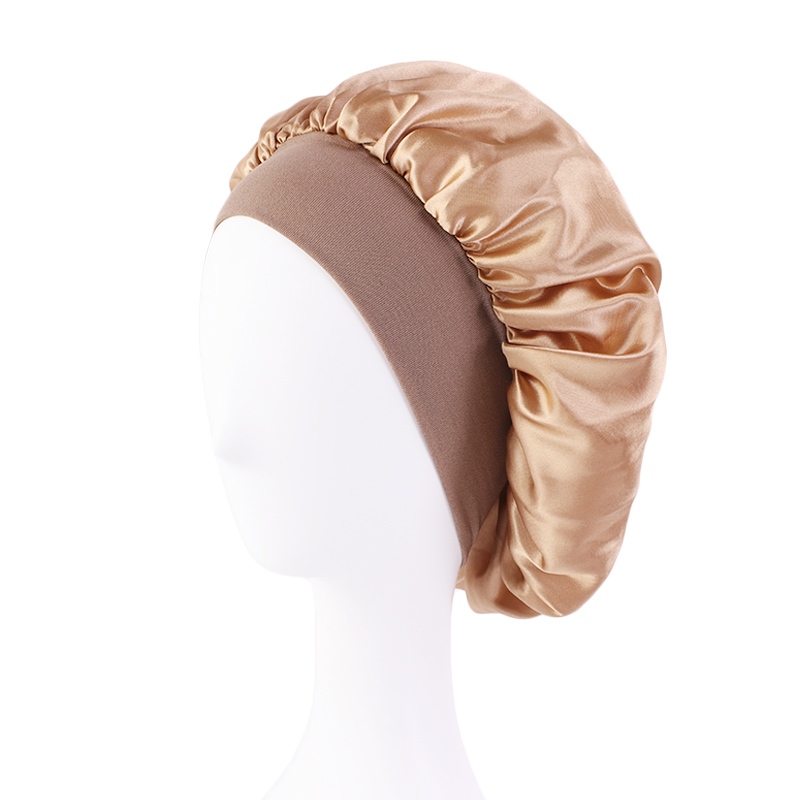 Satin Wide Brim Nightcap Silky Bonnet Hair Wrap for Sleeping Sleep Cap With Elastic Soft Band Styling Cap Hair Wrapping Tool: Gold