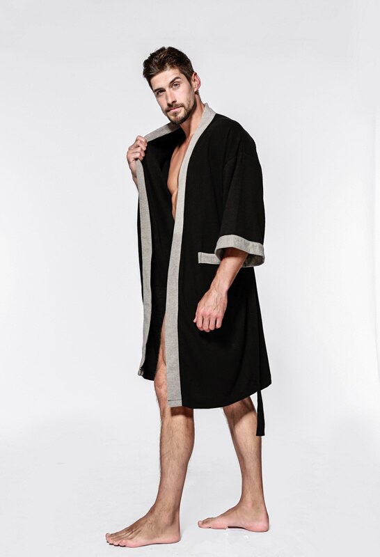 Herre vaffel badekåper morgenkåpe erme fast myk badekåpe peignoir nattkjoler natttøy kimono