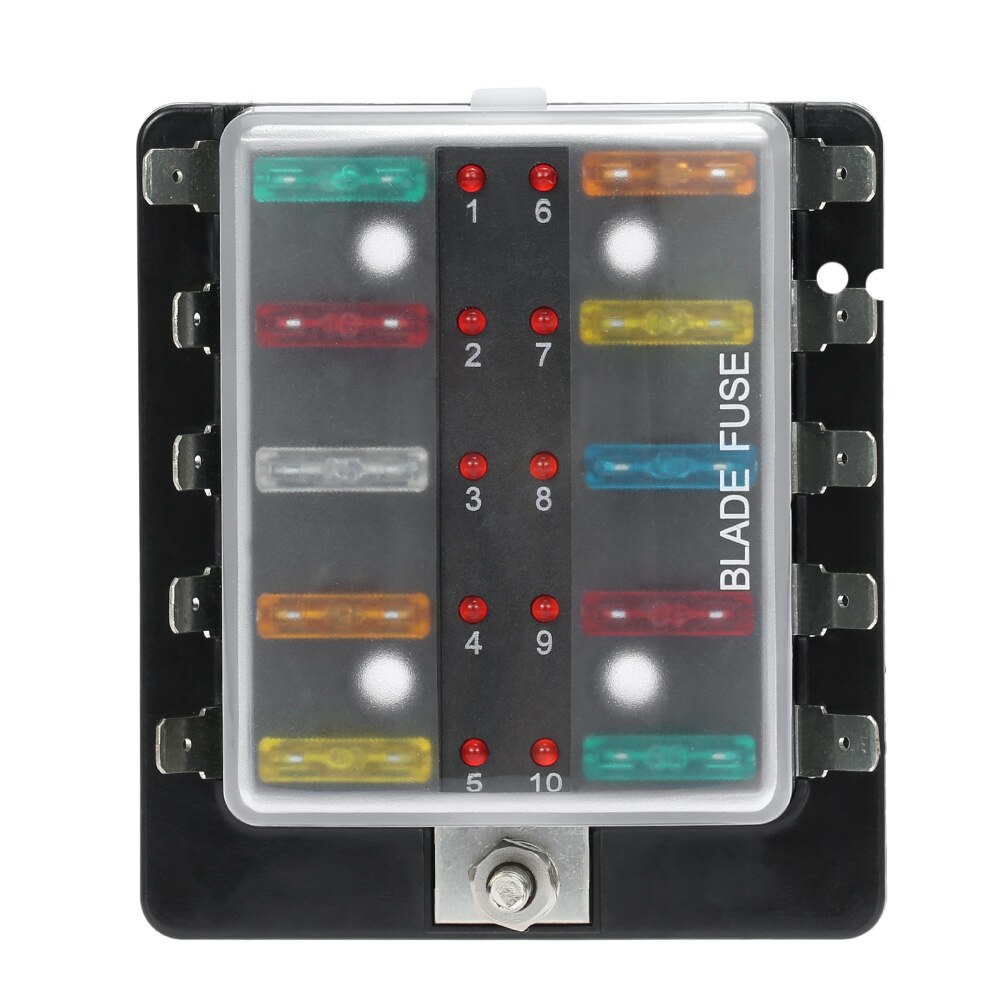 10 Way Blade Fuse Box Holder with LED Warning Light Kit for Car Boat Marine Trike 12V 24V
