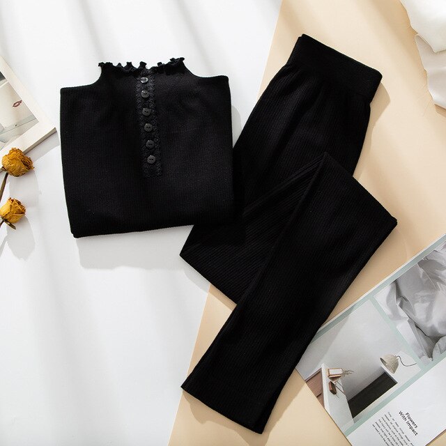 Ensfarget varm lange underbukser dame vinterklær høyhalset genser enspent volanger slankt termisk undertøysett til kvinner: Svart