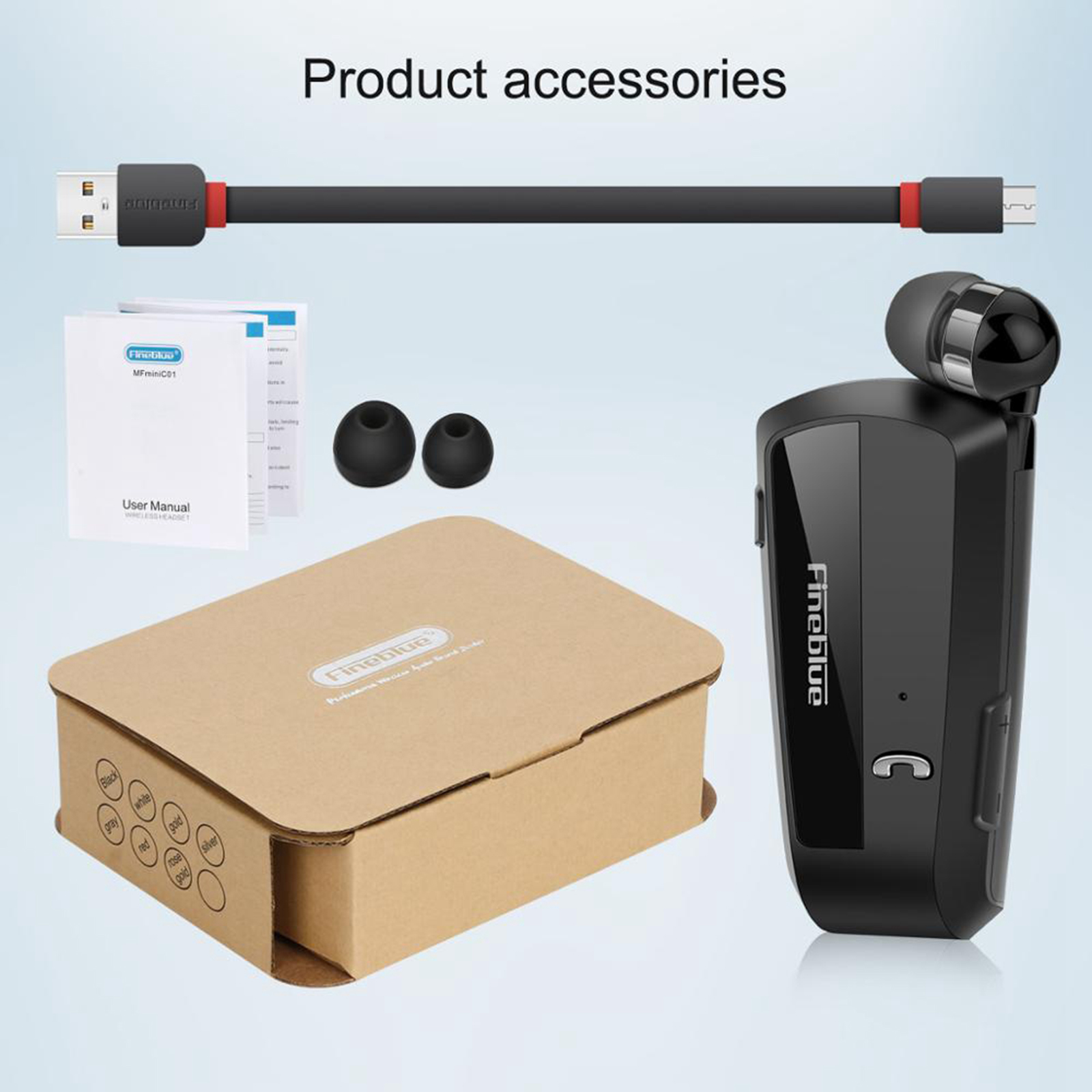 Fineblue F990 Wireless Business Bluetooth Headset Earphone Sport Driver Headphone Retractable Clip on Stereo Earbud Vibration: Black With Box
