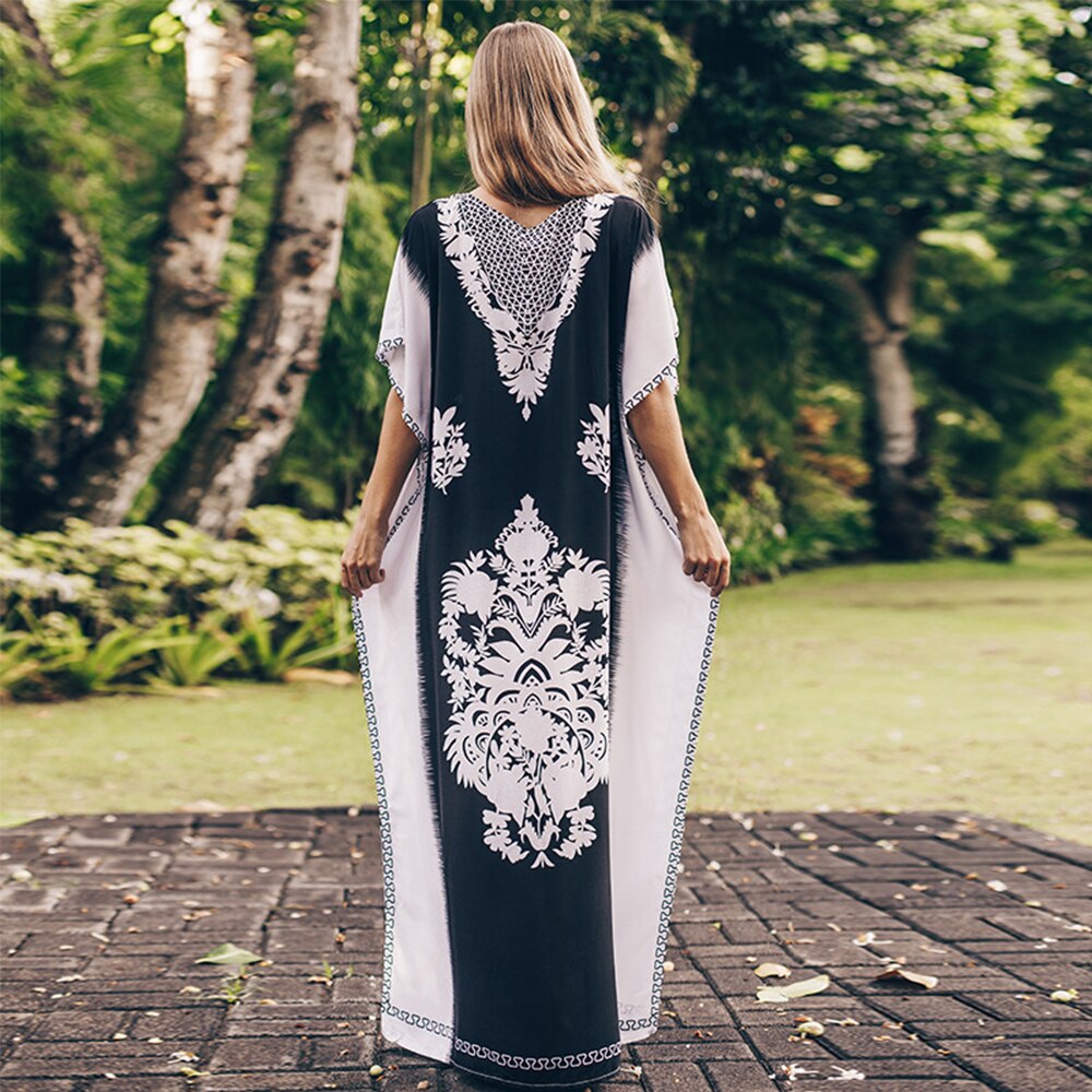 Bohemian Strand Jurk Plus Size Print Beach Cover Up Lange Katoenen Tuniek Batwing Mouw Sarong Vintage Beachwear