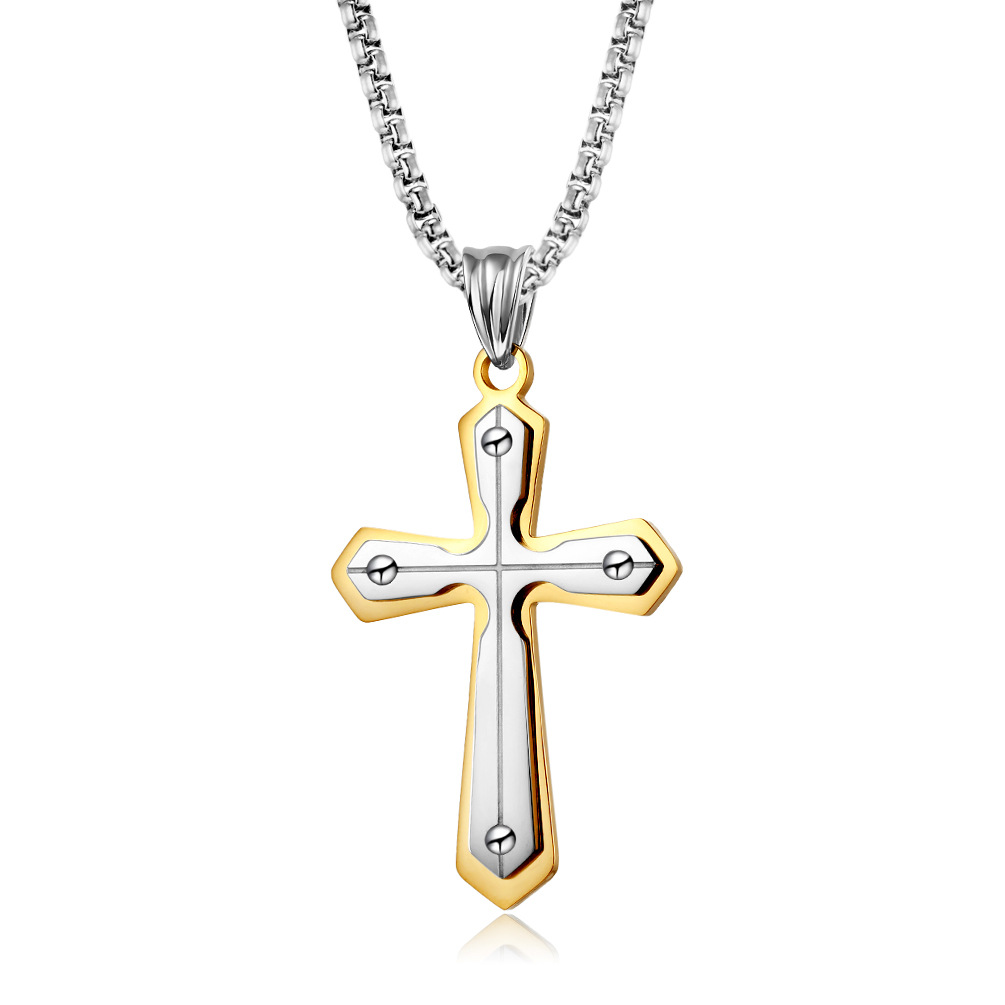 JESUS Multi-Layer Cross Pendant Necklaces Christian Stainless Steel Payer Necklace for Men Him Male Jewelry: Gold-2