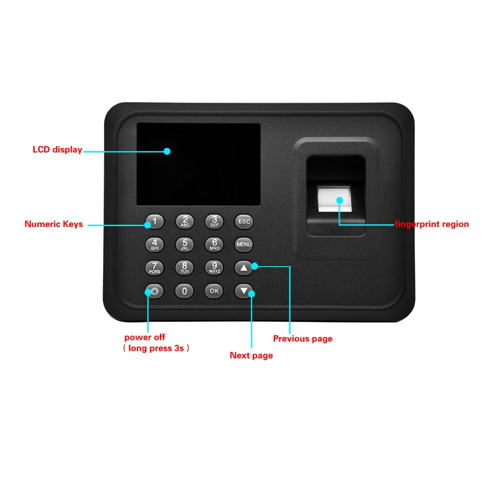 2.4 "TFT LCD Schermo USB Biometrico di Impronte Digitali Presenze Macchina DC 5 V/1A volta orologio registratore Dipendente Controllo -in Lettore di A6