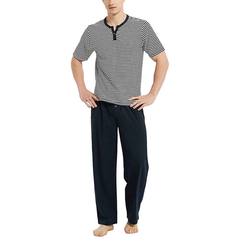 Conjunto de pijamas rayados horizontales para hombre, ropa de dormir de 2 uds, Tops de manga corta a rayas + Pantalones largos sólidos, pantalones sueltos: Azul / L