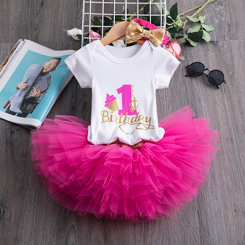 Baby fødselsdagskjole 1 år 3 stk outfits spædbarn småbørn pige tøj nyfødt baby tyl tutu vestido et år print tøj: Punkt 2