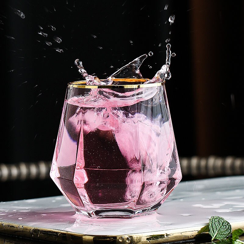 Crystal Diamond Cup Gold Painted Six Edged Glass Household Juice Milk Glass Cup Glass Drinkware Coffee Mugs