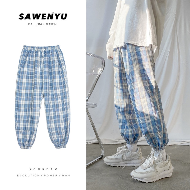 Herfst koreaanse geruite broek heren retro trekkoord casual broek heren streetwear losse hiphop rechte broek heren broeken