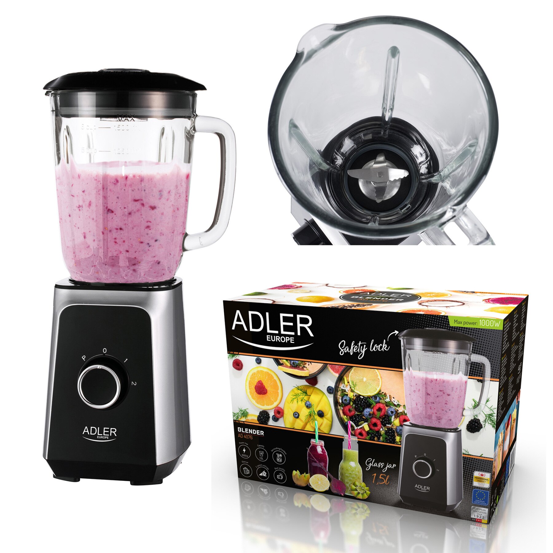 Adler – gobelet américain AD4076, pichet en verre de 1,5l, 2 vitesses, fonction de pic à glace, lames en acier 1000W argent