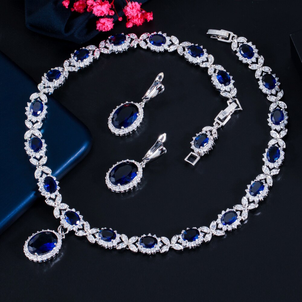 CWWZircons – collier en feuille de zircone cubique, couleur or blanc, bleu goutte, grand Costume de mariage pour femmes, ensemble de bijoux pour mariées, T523