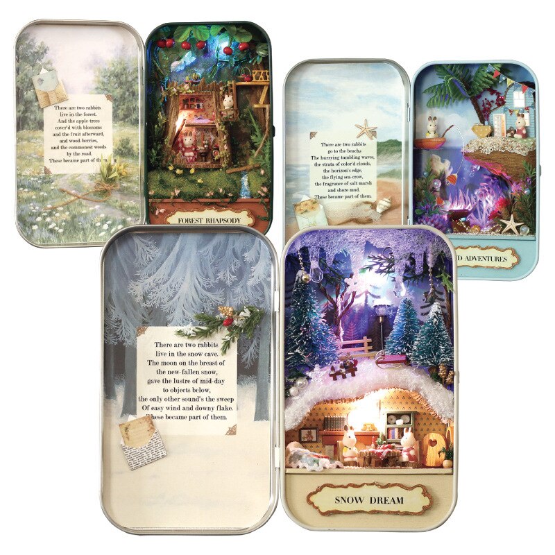Doll House Furnitures Box Theatre Trilogy Dollhouse Snow Dream Forest Rhapsody Island Adventures Handmade Mini LED Light Crafts