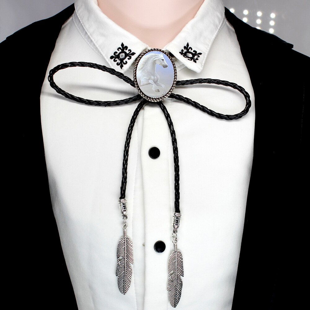 HZSHINLING Running Horse Bolo Tie Antique White Unicorn Horse glass photo cabochon Leather neck ties Necklace: 6