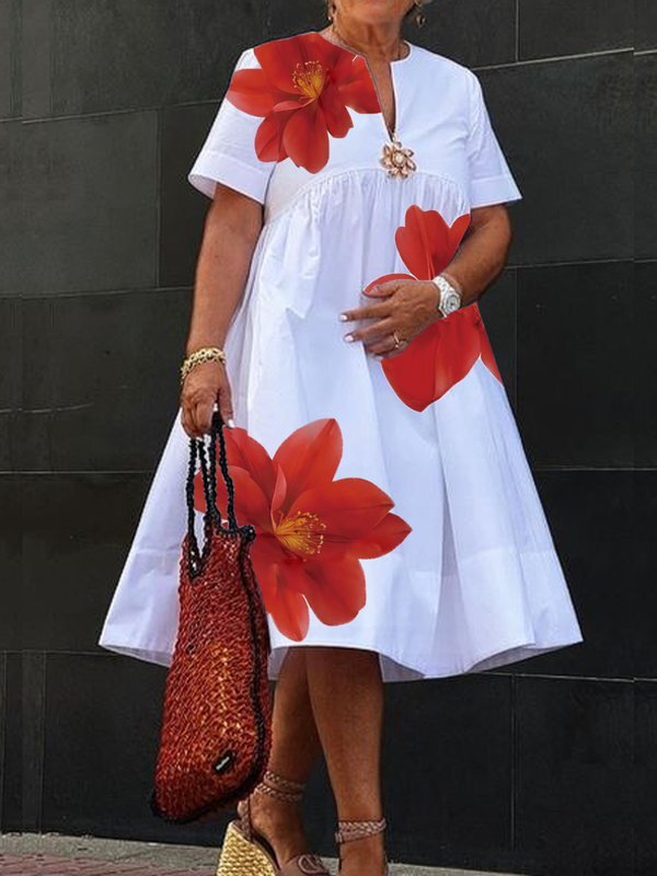 Modigirl Damen-Sommerkleid 2022, V-Ausschnitt, plissiert, kurze Ärmel, weiß, lockerer Blumendruck, lässige Midi--Kleider für Damen: L / Weiß