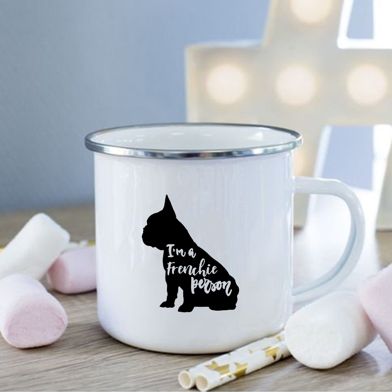 Taza de esmalte con estampado de Bulldog Francés, tazas creativas de café, bebidas, postres, desayuno, leche, tazas Vintage con asa, los mejores: XH524-A015WH-8