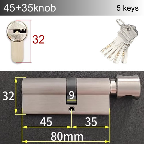 Round handle knob Lock Cylinder height 32mm Length 60-110mm with 5 keys Copper material rust-proof Suitable for wooden doors: black