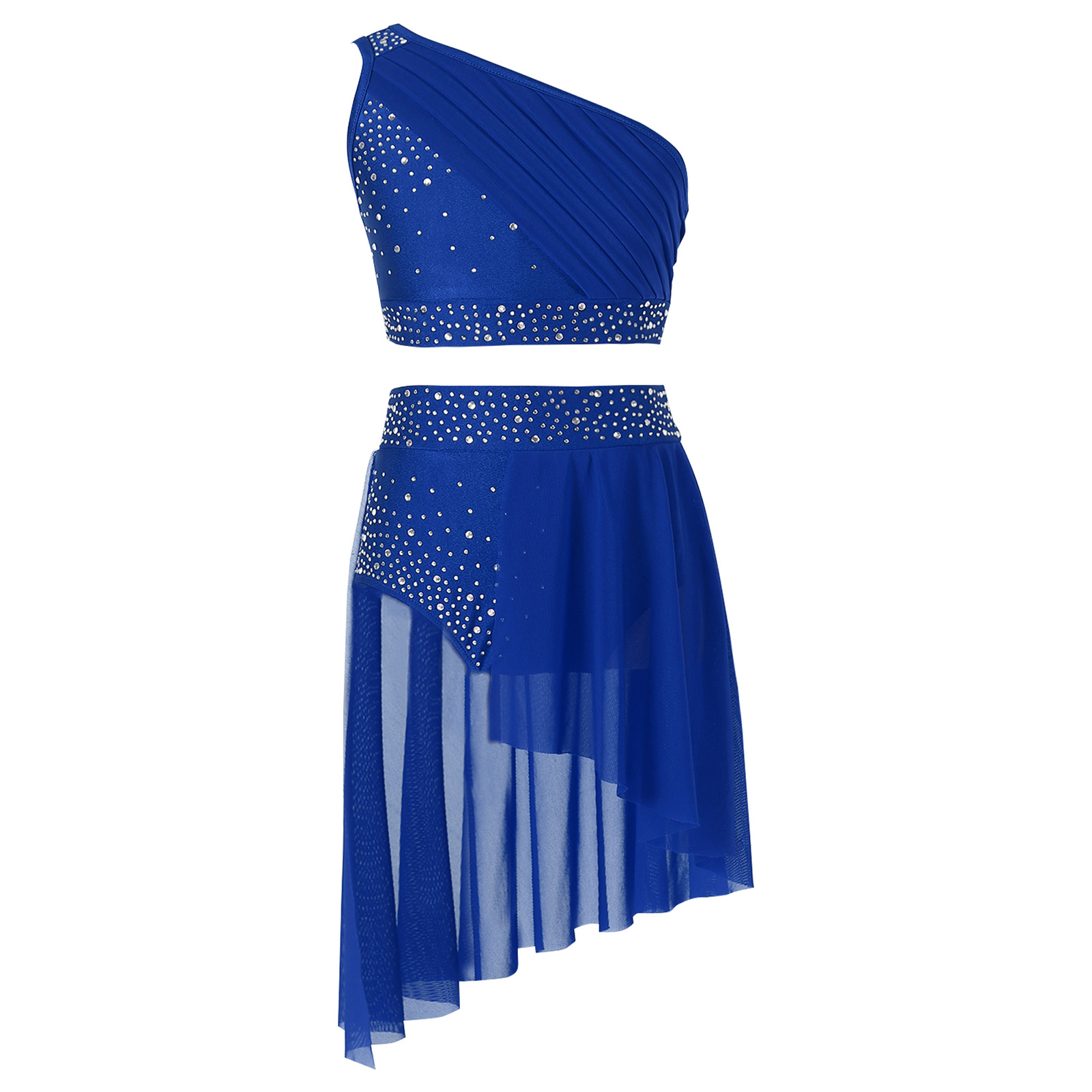 IEFiEL Conjunto de danza lírica para niñas, trajes contemporáneos modernos, Top corto con diamantes de imitación y leotardo con falda, traje de Ballet de 2 piezas: XXL / Azul