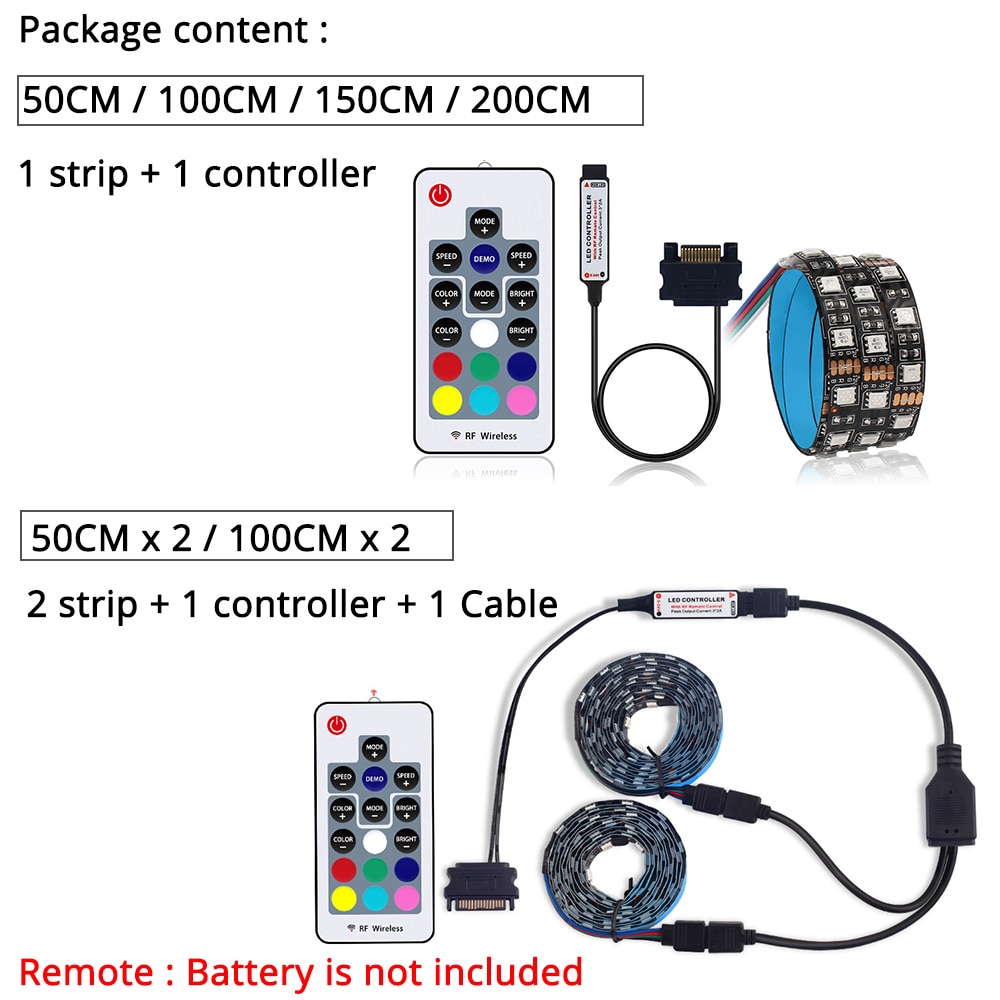 Sata LED Strip RGB SMD 5050 60 LEDs/m 50/100/150/200 CM met RF afstandsbediening voor PC Case IP20 12 V LED flexibele Strip licht