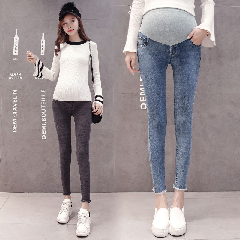 Calça jeans maternidade de 9/10 comprimento, jeans elástico, lavado, moda verão, roupa lápis para mulheres grávidas, calças para gravidez
