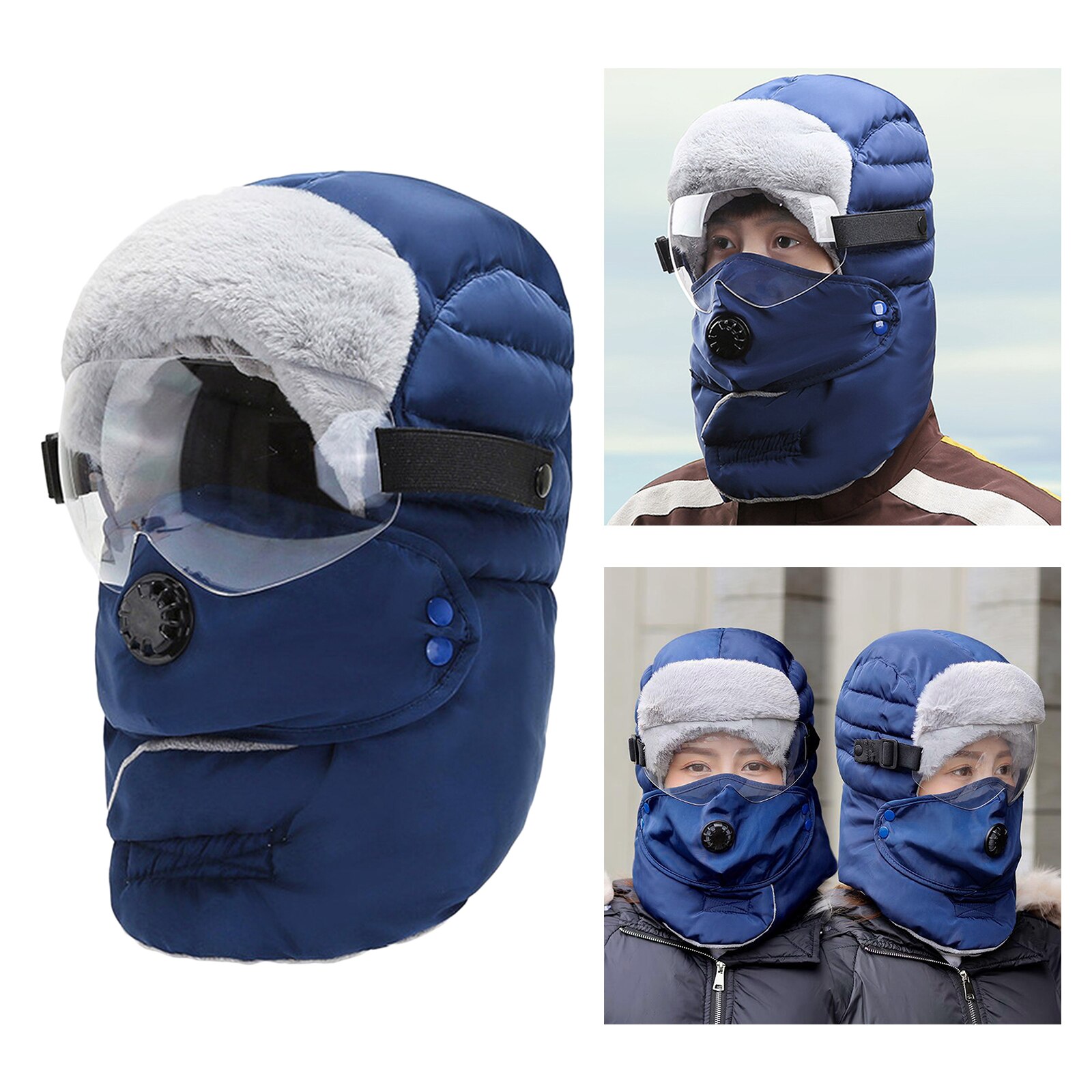 Unisex Balaclava Winter Warm Hat Trapper Cap Face Eye Protection Windproof: Blue Clear Glasses