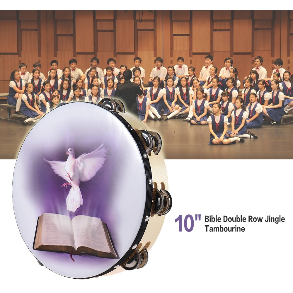 8" Double Row Jingle Tambourine Handbell Clap Drum Percussion Instrument with Dove &amp; Bible Pattern for Church