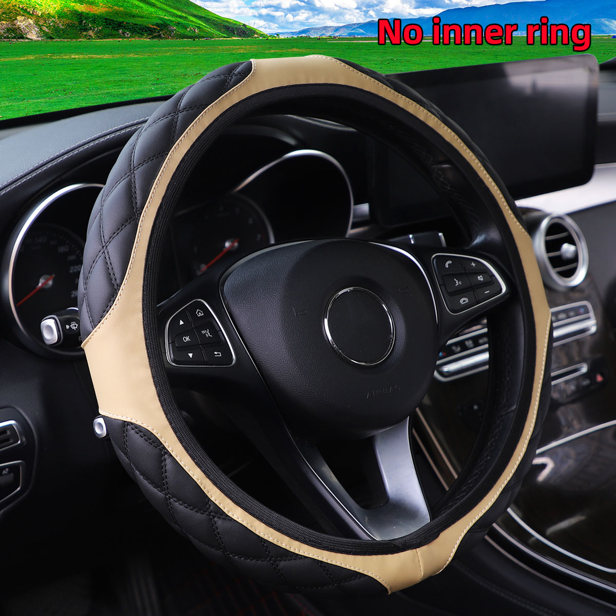 1 Leder-Stereo-Lenkradbezug mit Stickerei, bequem, rutschfest, ohne Innenring für 14,1-15-Zoll-Autos