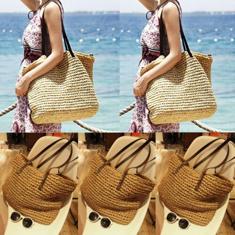 Kvinder dame sommer strand vintage håndlavet strikket halm rotting taske stor kapacitet skuldertasker