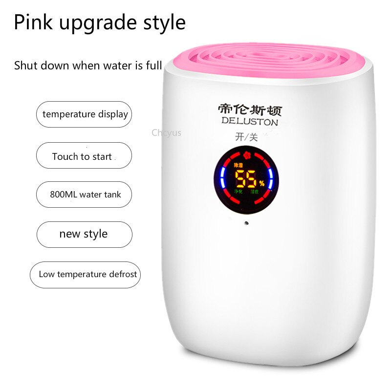Electric mini air dehumidifier 800ml portable LED discplay air purifier machine automatic power-off defrost for home 100-240V EU: Pink digital display