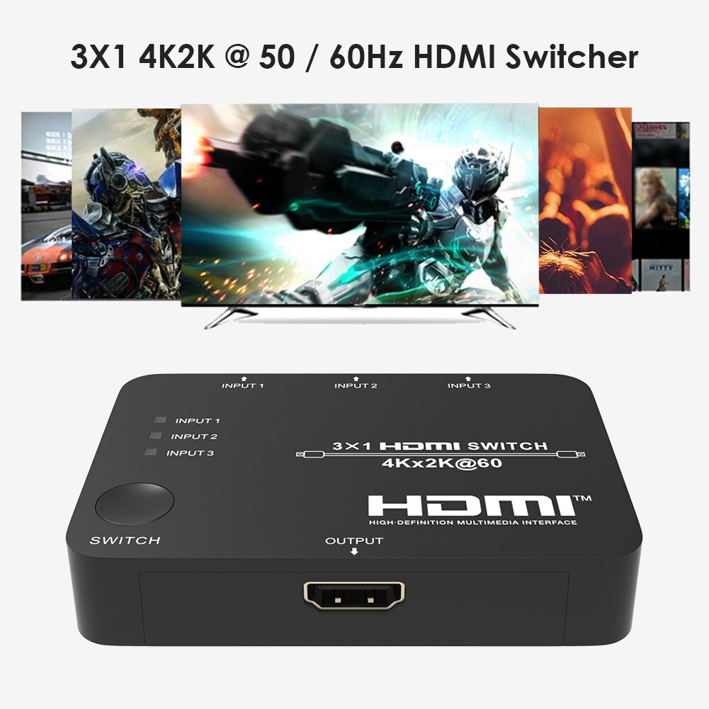 4K 2K 3x1 HDMI Switcher Splitter 3 in 1 out 1080P Video 3 Port Adapter Box HDMI Switcher Splitter Supports Ultra HD 4K 1080P