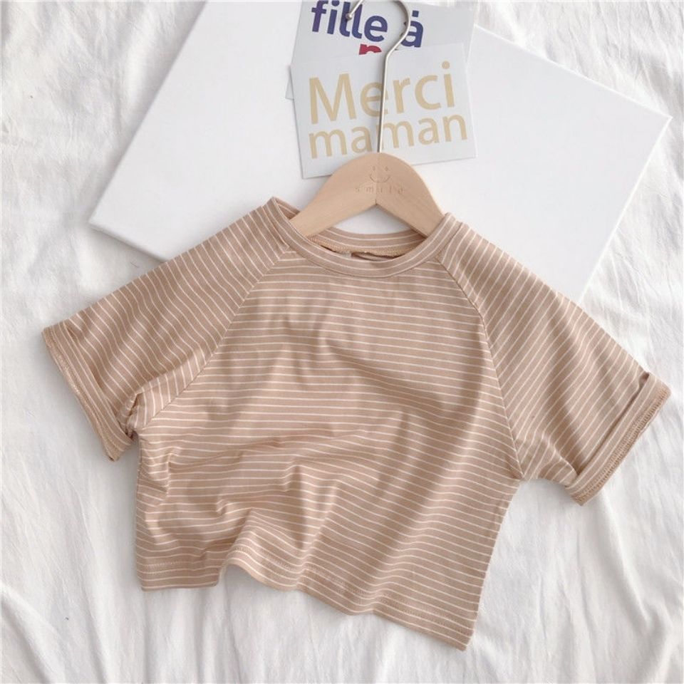 T-shirt rayé à manches courtes pour garçons et filles, haut à cinq points, ample, version coréenne, été , P4330