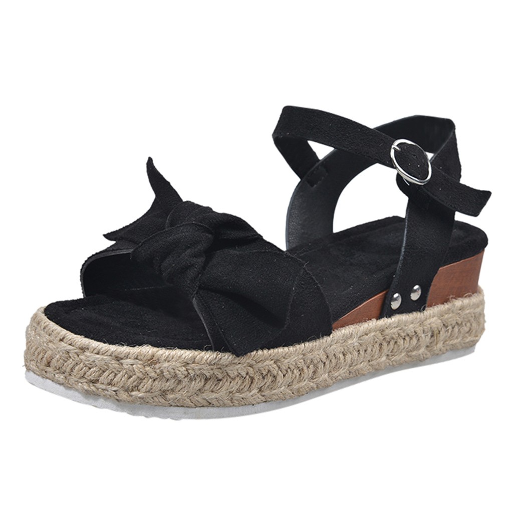SAGACE Leopard Wedges Sandals For Women High Heel Platform Wedge Sandal Womens Leopard Sandals Flat Bowknot Sandalias Femenina: BK / 36