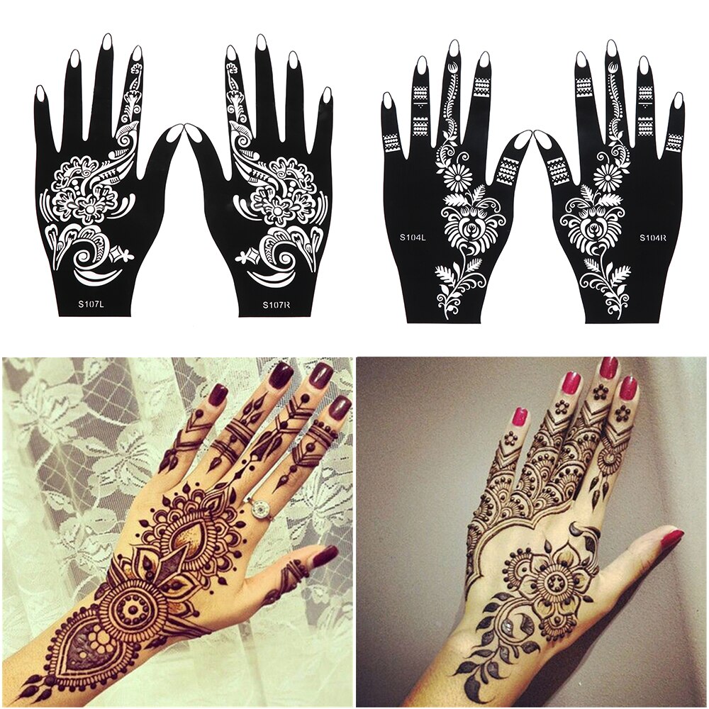 Pochoir en henné 2 pièces/ensemble | Autocollant temporaire de tatouage à la main, modèle d'art corporel, outil de mariage, pochoir de tatouage de fleur indienne