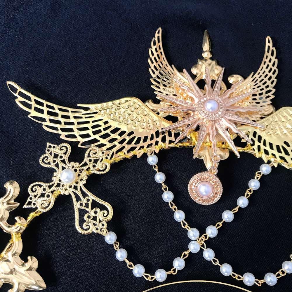 Gótico Lolita KC oro gótico Halo alas de Ángel Sun Godmother's Virgin Mary Goddess tocado de cuentas accesorios para el cabello de novia