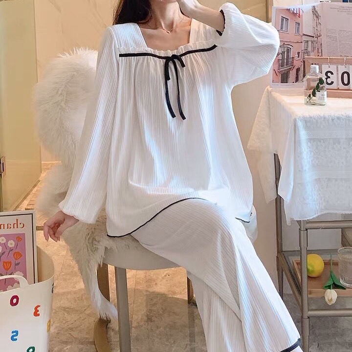 Conjunto de pijama de manga larga para mujer, ropa de dormir sencilla con cuello cuadrado y lazo, cómoda, holgada, informal, 2 piezas: white-sets / XXL
