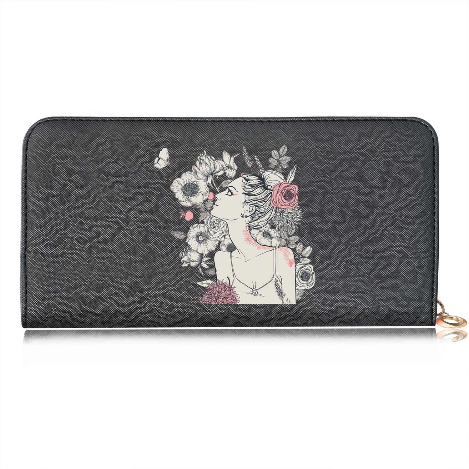 Casual Women Wallets Long Style Cartoon Woman Printing Pattern Female Card Holder Zipper Coin Purses Carteira Feminina: J black