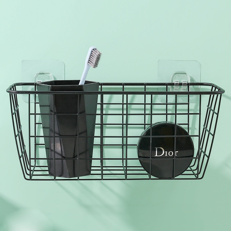 Køkken badeværelse opbevaringsstativ hylder jern rektangulær hængende kurv opbevaringskurv rack opbevaringsboks (hvid / sort)