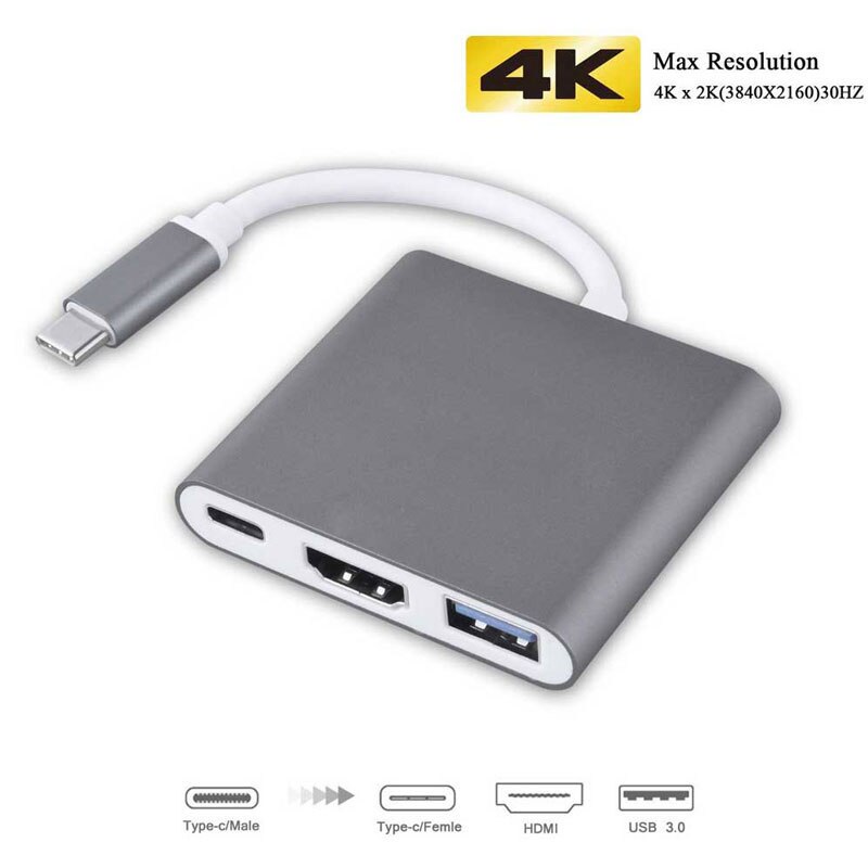 3-In-1 Thunderbolt 3 Adapter Usb Type C Hub Naar Hdmi USB-C Hub Dock Met Power Levering voor Samsung Dex Modus Macbook Pro/Air: Gray