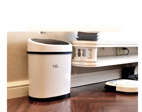 Sensor dustbin 12L Stainless Steel electrical Kitchen Trash Bin No leakage odor Intelligent dustbin double barrel: White